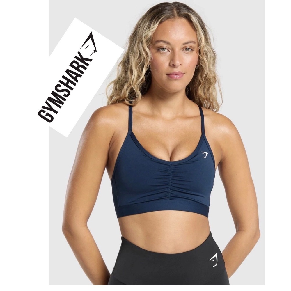 Gymshark Ruched Sports Bra Navy Blue Adjustable Cross Back Straps V-Neck Small